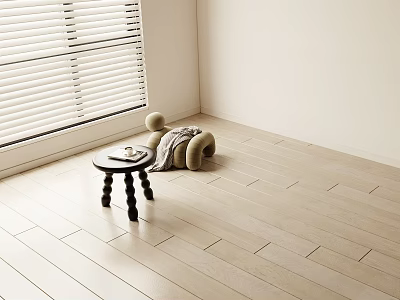 Light Hardwood Flooring In Bright Minimalist Room With Table And Cushion 3d model