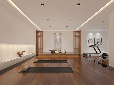 Zen Tea Room Interior With Wooden Floor Yoga Mats And Traditional Paintings 3d model