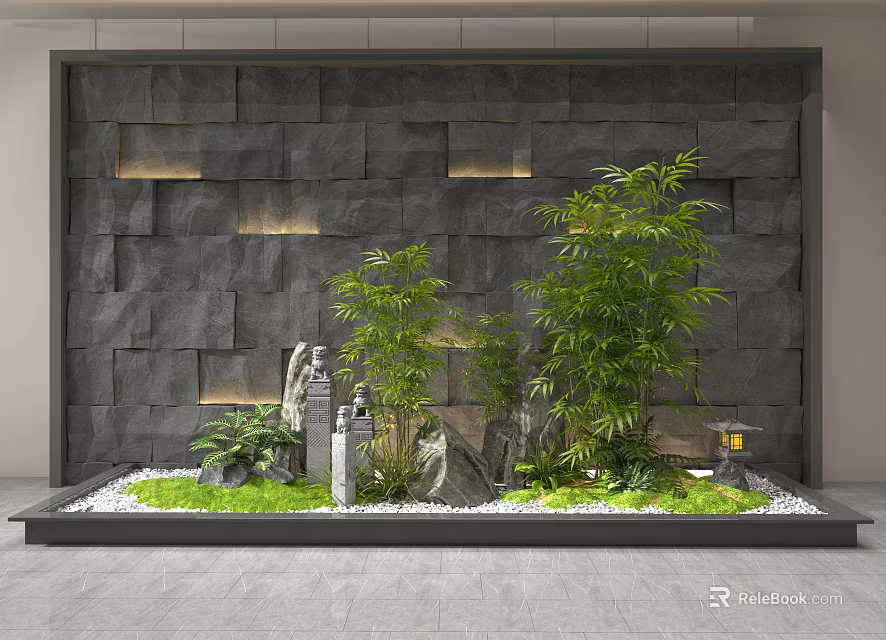 Gray Stone Feature Wall with Built-in Lighting Lush Bamboo Plants and Decorative Lantern 3d model 