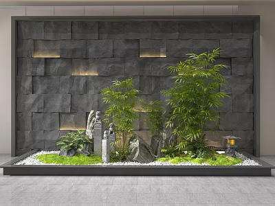 Gray Stone Feature Wall with Built-in Lighting Lush Bamboo Plants and Decorative Lantern 3d model