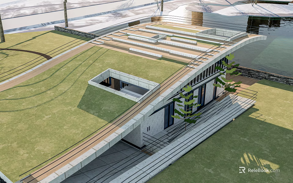 Modern Pavilion With Green Roof And Geometric Structure Surrounded By Lawn And Plants 3d model 