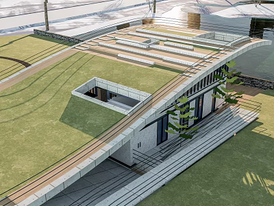 Modern Pavilion With Green Roof And Geometric Structure Surrounded By Lawn And Plants 3d model