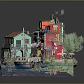Cartoon Scene With Colorful Houses Small Boat Water Stone Steps And Green Trees