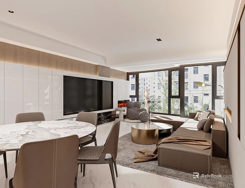 Modern Living and Dining Room Interior With Marble Dining Table Sofa Set And Large Windows 3d model 