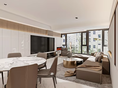 Modern Living and Dining Room Interior With Marble Dining Table Sofa Set And Large Windows 3d model