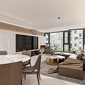 Modern Living and Dining Room Interior With Marble Dining Table Sofa Set And Large Windows