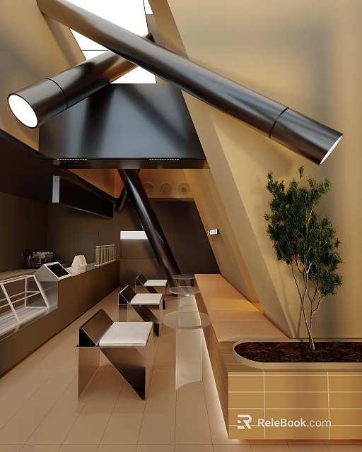 Modern Milk Tea Shop Interior Design With Open Counter Seating Green Plant And Lighting 3d model 