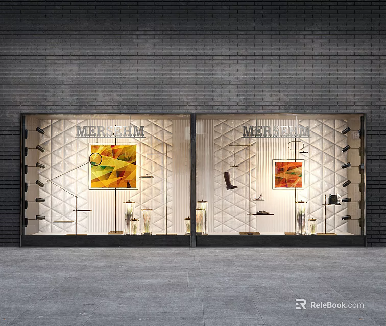 MERSOM Store Window Display with Colorful Artworks Black Lamps and Geometric Pattern Background 3d model 