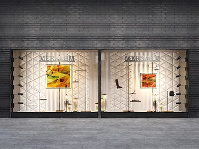 MERSOM Store Window Display with Colorful Artworks Black Lamps and Geometric Pattern Background 3d model