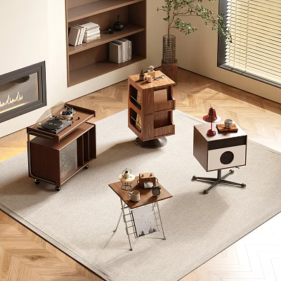 Modern Living Room With Various Designed Wooden Side Tables On Rug And Decorative Items 3d model