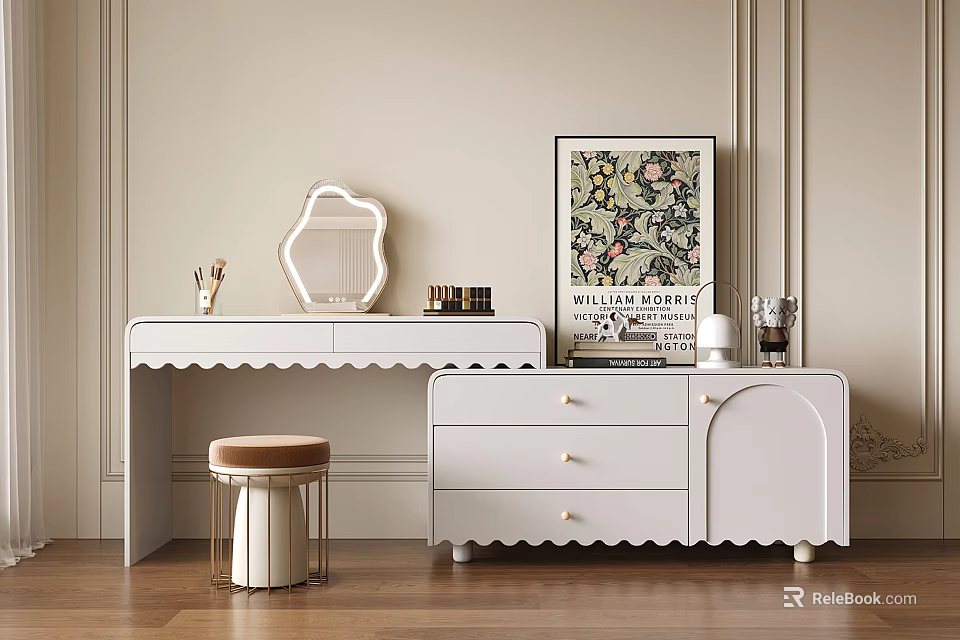 Elegant White Dressing Table With Scalloped Edges Hexagonal Mirror And Stool 3d model 