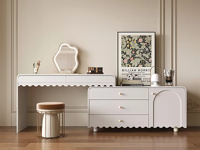 Elegant White Dressing Table With Scalloped Edges Hexagonal Mirror And Stool 3d model