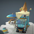 Cartoon Ice Cream Truck Scene With Colorful Umbrella Tables Chairs And Balloons