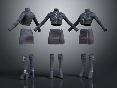 Stylish Cropped Jackets Short Skirts And High Heel Boots With Metallic Details 3d model