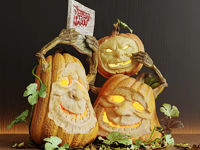 Halloween Pumpkin Ornaments Decorative Set With Carved Faces Glowing Eyes And Vines Leaves 3d model