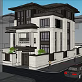 Modern Detached Villa Two-Story Exterior With Large Windows Greenery And Black Car At Entrance