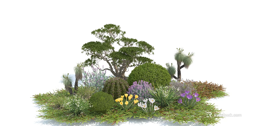 Vibrant Garden Shrubs With Yellow Purple White Flowers And Green Foliage 3d model 