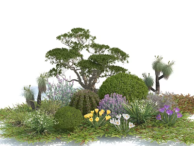 Vibrant Garden Shrubs With Yellow Purple White Flowers And Green Foliage 3d model