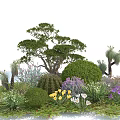 Vibrant Garden Shrubs With Yellow Purple White Flowers And Green Foliage