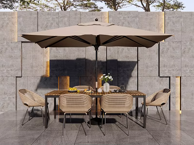 Outdoor Table and Chair Set with Wicker Chairs Wooden Tabletop and Umbrella 3d model