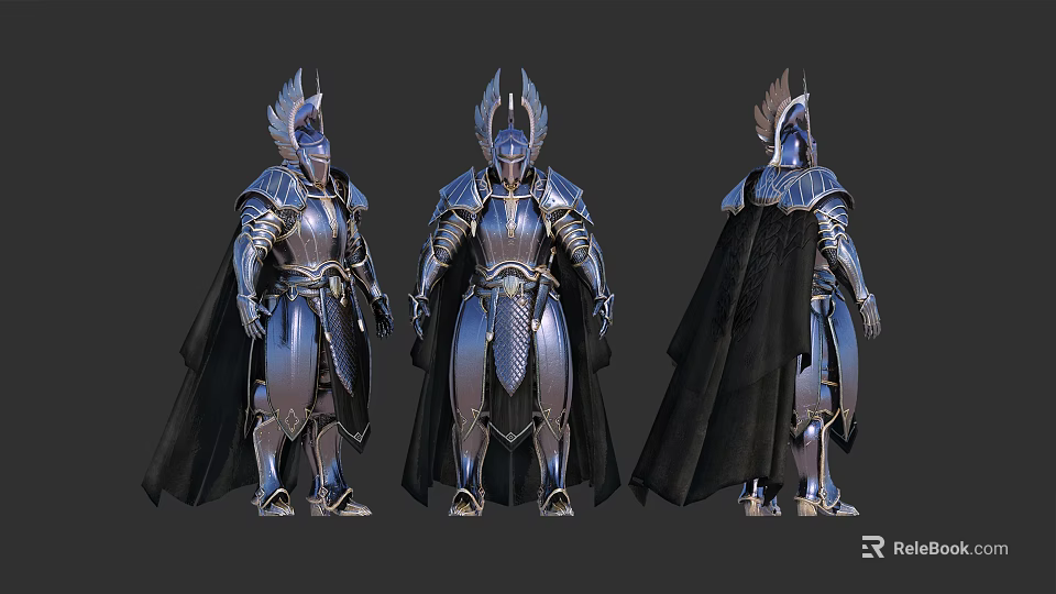 Fantasy Armored Characters Showcasing Ornate Metallic Armor Cloaks Helmets Front Side Back Views 3d model 