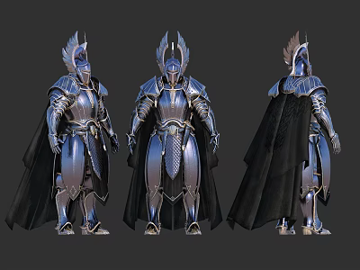 Fantasy Armored Characters Showcasing Ornate Metallic Armor Cloaks Helmets Front Side Back Views 3d model