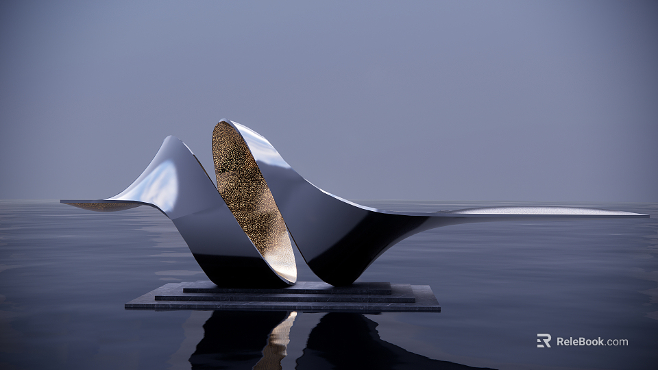 Modern Silver Wavy Sculpture with Glossy Surface and Water Reflection 3d model 