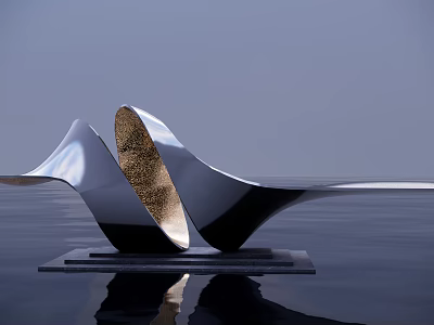Modern Silver Wavy Sculpture with Glossy Surface and Water Reflection 3d model