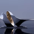 Modern Silver Wavy Sculpture with Glossy Surface and Water Reflection