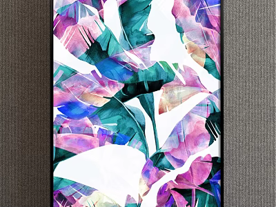 Abstract Painting With Vibrant Watercolor Leaf Patterns In Pink Blue Green Tones 3d model