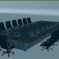 Wooden Conference Table With Multiple Electronic Screens And Black Office Chairs In Modern Meeting Room