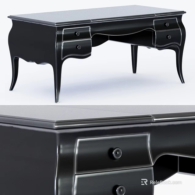 Elegant Black Dining Table With Drawer Details And Curved Legs Design 3d model 