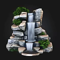 Natural Rockery Stones with Flowing Waterfall and Lush Green Plants