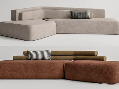 Modern Light Gray and Brown L Shaped Sectional Sofa with Striped Cushions 3d model