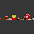 Assorted Food Items Including Hot Dog Burger Fries Pizza and Meat Products