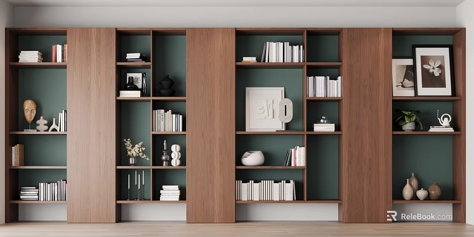 Modern Wooden Bookcase With Green Back Panels And Decorative Items Books Vase Photo Frame 3d model 