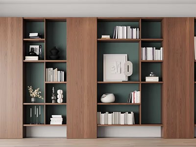 Modern Wooden Bookcase With Green Back Panels And Decorative Items Books Vase Photo Frame 3d model