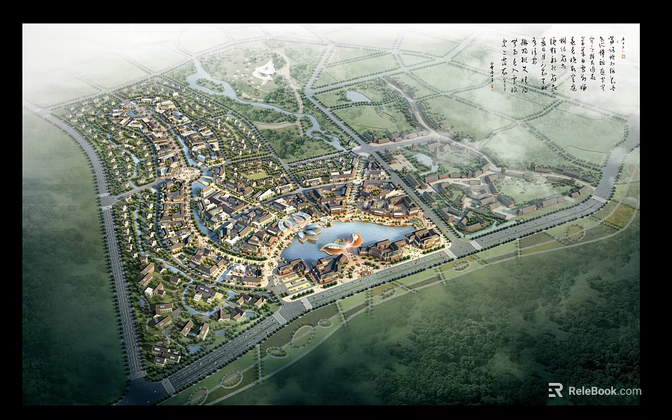 Integrated Mixed Use Development With Central Lake Green Spaces And Road Network 3d model 