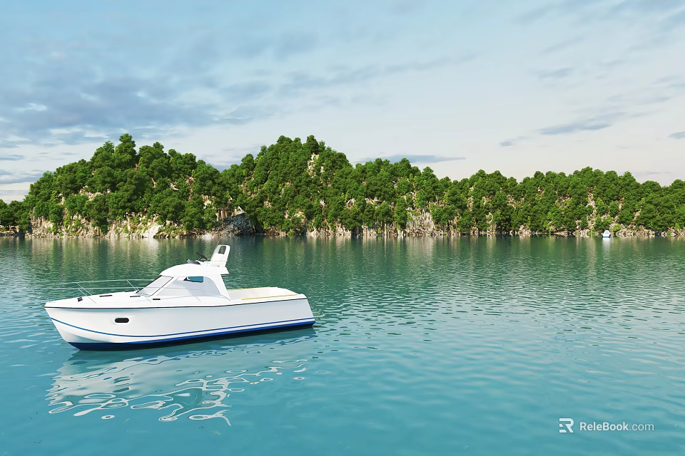Scenic Garden Landscape on Island with Lush Green Trees and Blue Water Featuring White Yacht 3d model 