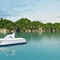 Scenic Garden Landscape on Island with Lush Green Trees and Blue Water Featuring White Yacht