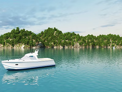 Scenic Garden Landscape on Island with Lush Green Trees and Blue Water Featuring White Yacht 3d model