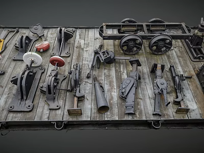 Industrial Equipment Parts And Tools Neatly Arranged On Wooden Platform 3d model