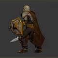 Man Wearing Gold and White Armor Holding Sword and Shield in Warrior Pose