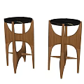 Modern Round Side Tables With Black Marble Tops And Wooden Geometric Legs