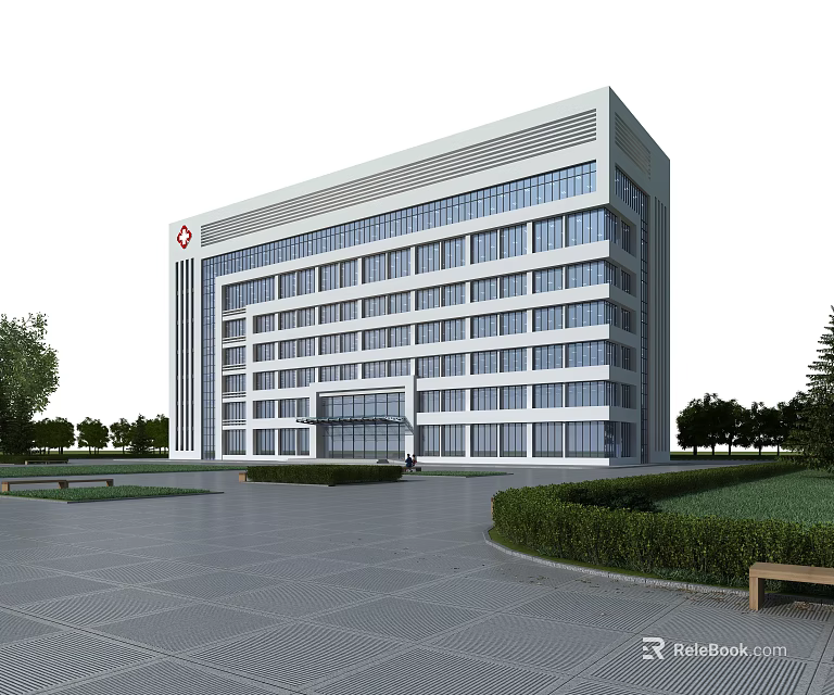 Modern Hospital Building With Glass Windows White Exterior Red Cross Spacious Entrance And Surrounding Greenery 3d model 