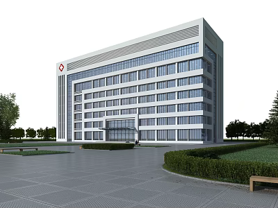 Modern Hospital Building With Glass Windows White Exterior Red Cross Spacious Entrance And Surrounding Greenery 3d model