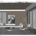 Modern Home Theater Interior With Beige Sofa Wooden Walls And Mountain Painting