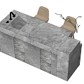 Modern Gray Marble Bar Counter With Faucet Two Brown Chairs And Potted Plant