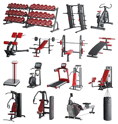 Various Professional Fitness Sports Equipment Including Dumbbells Barbells Treadmills And Benches 3d model