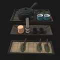 Stylish Tea Serving Set With Wooden Trays Black Teapot Blue Cups And Spoons
